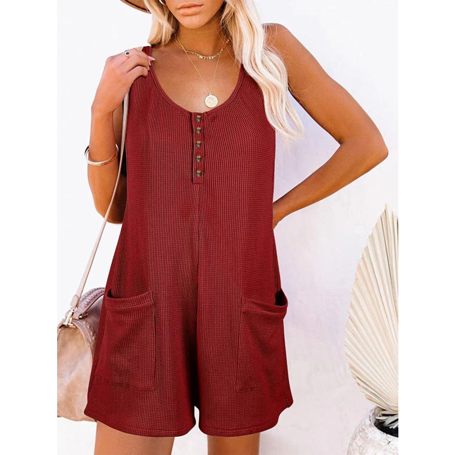 Full Size Pocketed Scoop Neck Sleeveless Romper Wine / S Apparel and Accessories