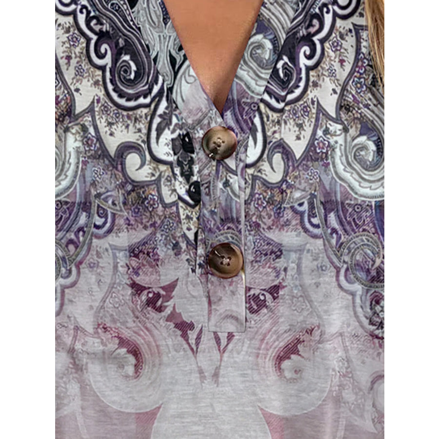Full Size Printed Notched Short Sleeve Blouse Apparel and Accessories
