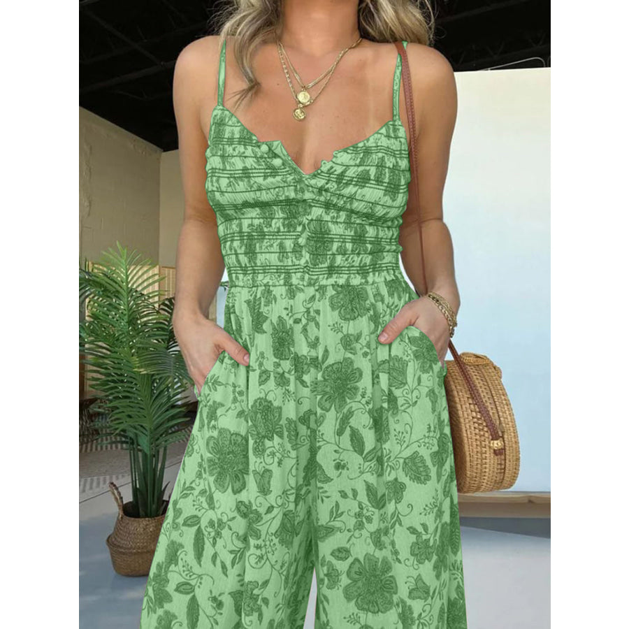 Full Size Printed Spaghetti Strap Wide Leg Jumpsuit Apparel and Accessories