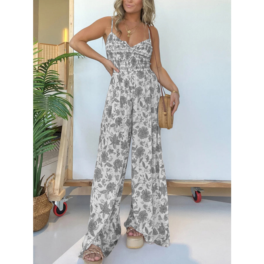 Full Size Printed Spaghetti Strap Wide Leg Jumpsuit Apparel and Accessories
