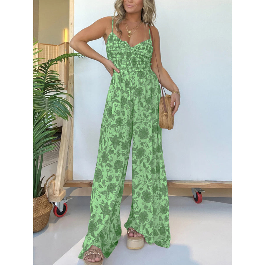 Full Size Printed Spaghetti Strap Wide Leg Jumpsuit Apparel and Accessories