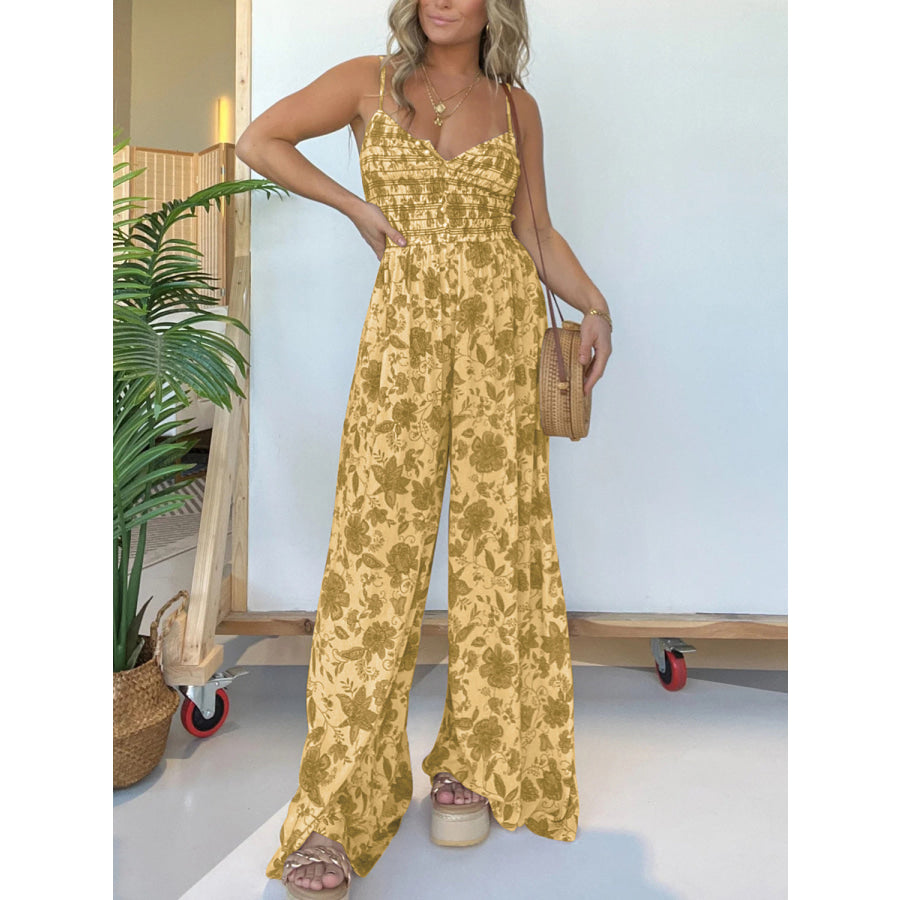Full Size Printed Spaghetti Strap Wide Leg Jumpsuit Apparel and Accessories