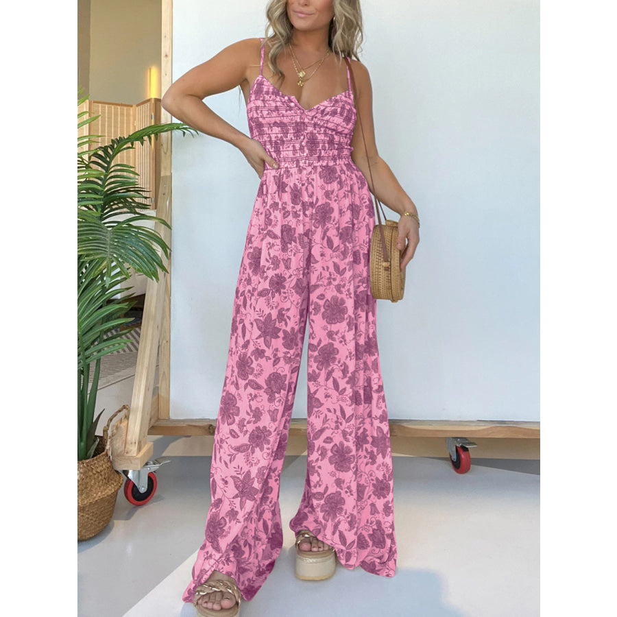 Full Size Printed Spaghetti Strap Wide Leg Jumpsuit Apparel and Accessories