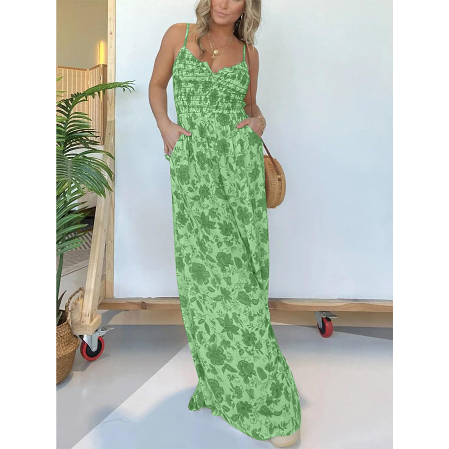 Full Size Printed Spaghetti Strap Wide Leg Jumpsuit Green / S Apparel and Accessories