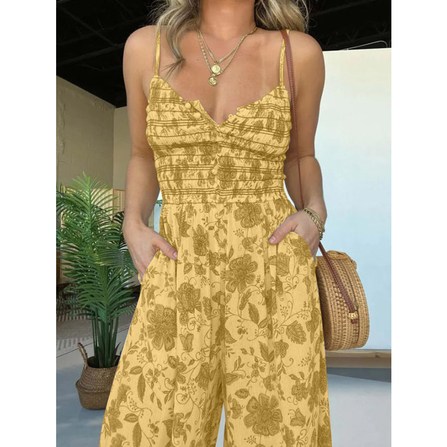 Full Size Printed Spaghetti Strap Wide Leg Jumpsuit Yellow / S Apparel and Accessories