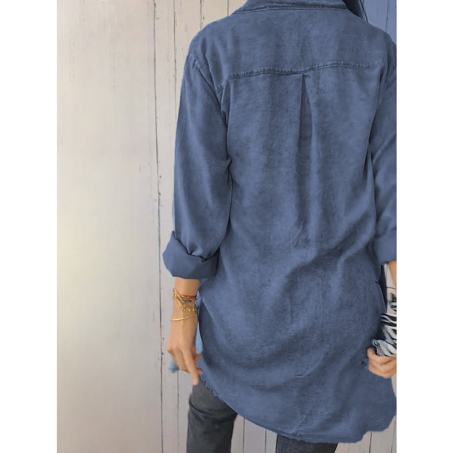 Full Size Raw Hem Button Up Long Sleeve Denim Top Plus Size Apparel and Accessories