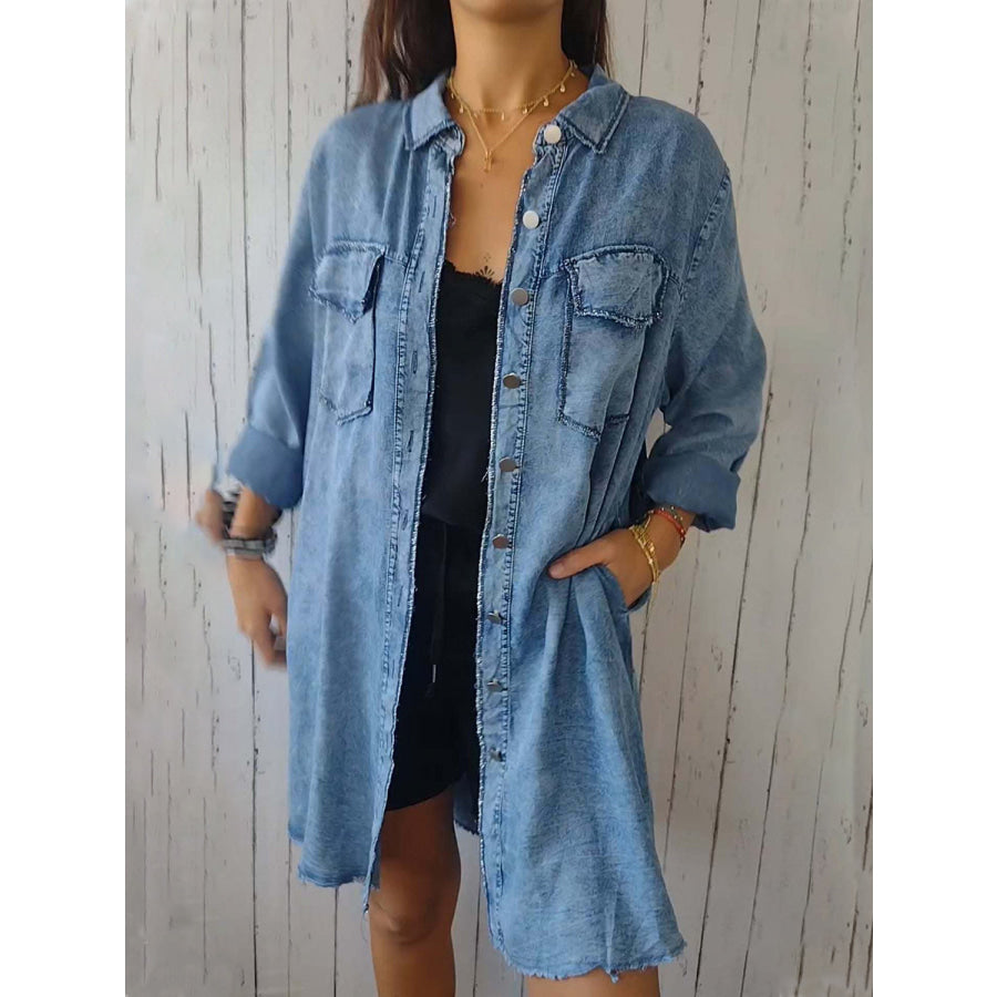Full Size Raw Hem Button Up Long Sleeve Denim Top Plus Size Apparel and Accessories