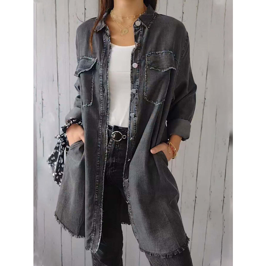 Full Size Raw Hem Button Up Long Sleeve Denim Top Plus Size Apparel and Accessories