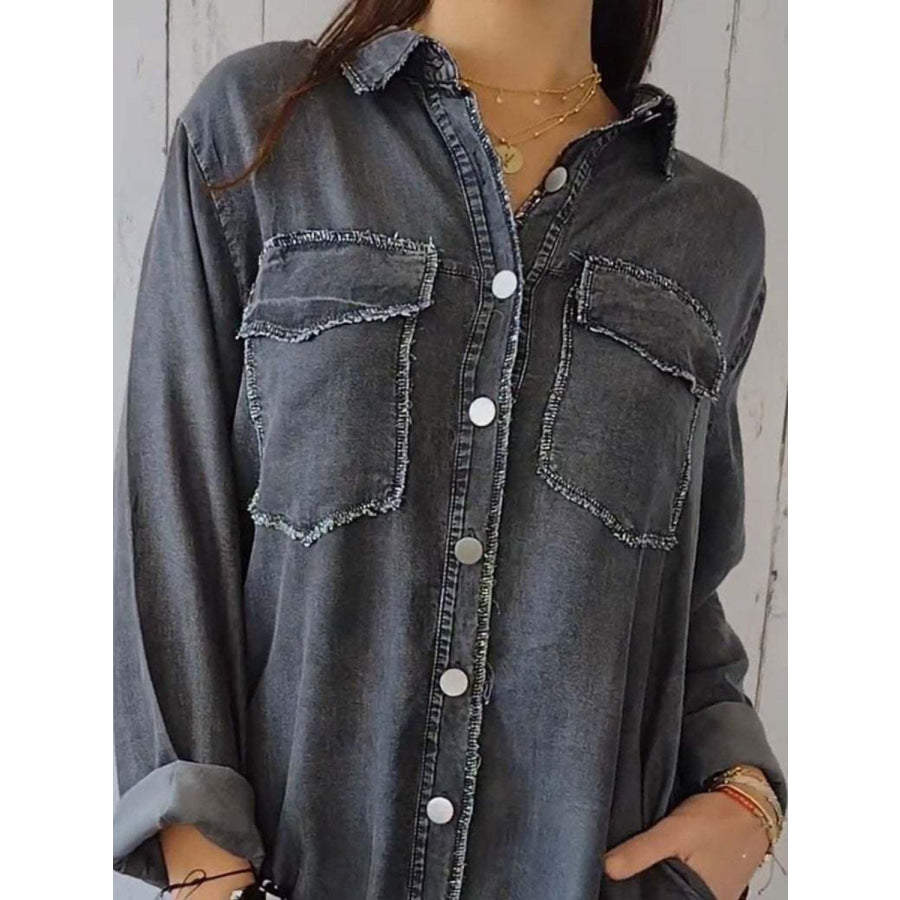Full Size Raw Hem Button Up Long Sleeve Denim Top Plus Size Apparel and Accessories