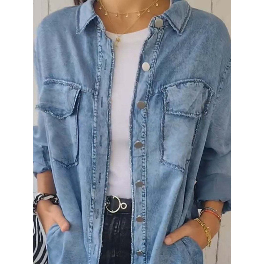 Full Size Raw Hem Button Up Long Sleeve Denim Top Plus Size Apparel and Accessories