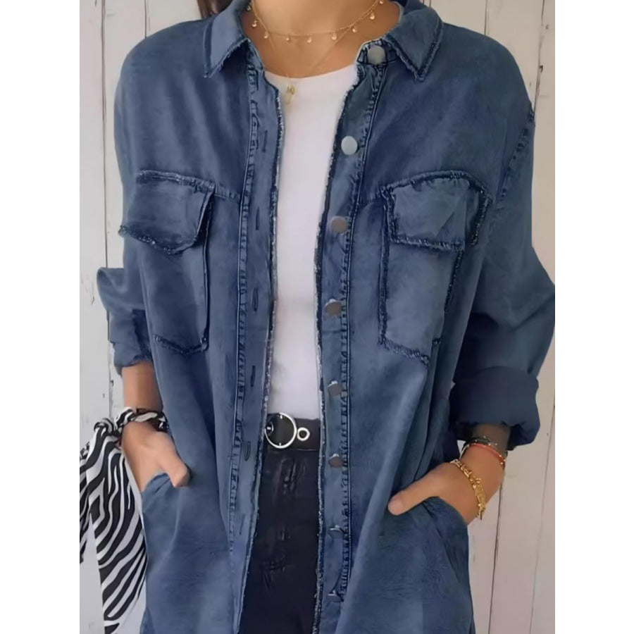 Full Size Raw Hem Button Up Long Sleeve Denim Top Plus Size Apparel and Accessories