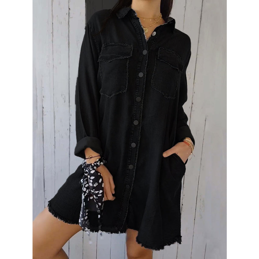 Full Size Raw Hem Button Up Long Sleeve Denim Top Plus Size Apparel and Accessories