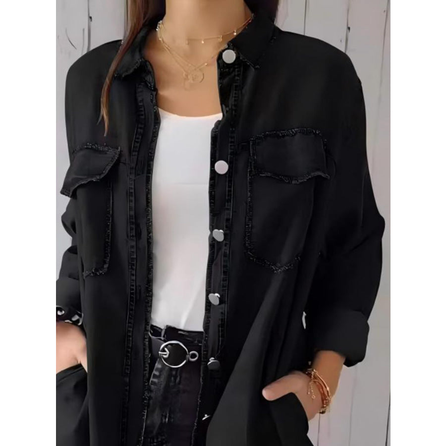 Full Size Raw Hem Button Up Long Sleeve Denim Top Plus Size Apparel and Accessories