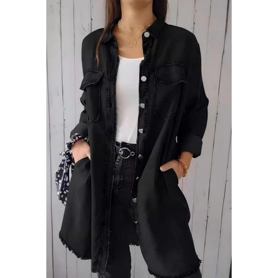Full Size Raw Hem Button Up Long Sleeve Denim Top Plus Size Black / S Apparel and Accessories