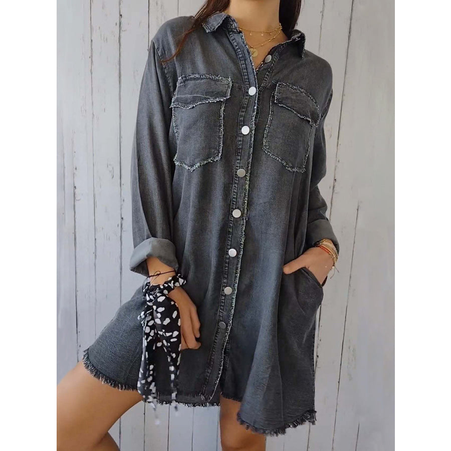 Full Size Raw Hem Button Up Long Sleeve Denim Top Plus Size Dark Gray / S Apparel and Accessories