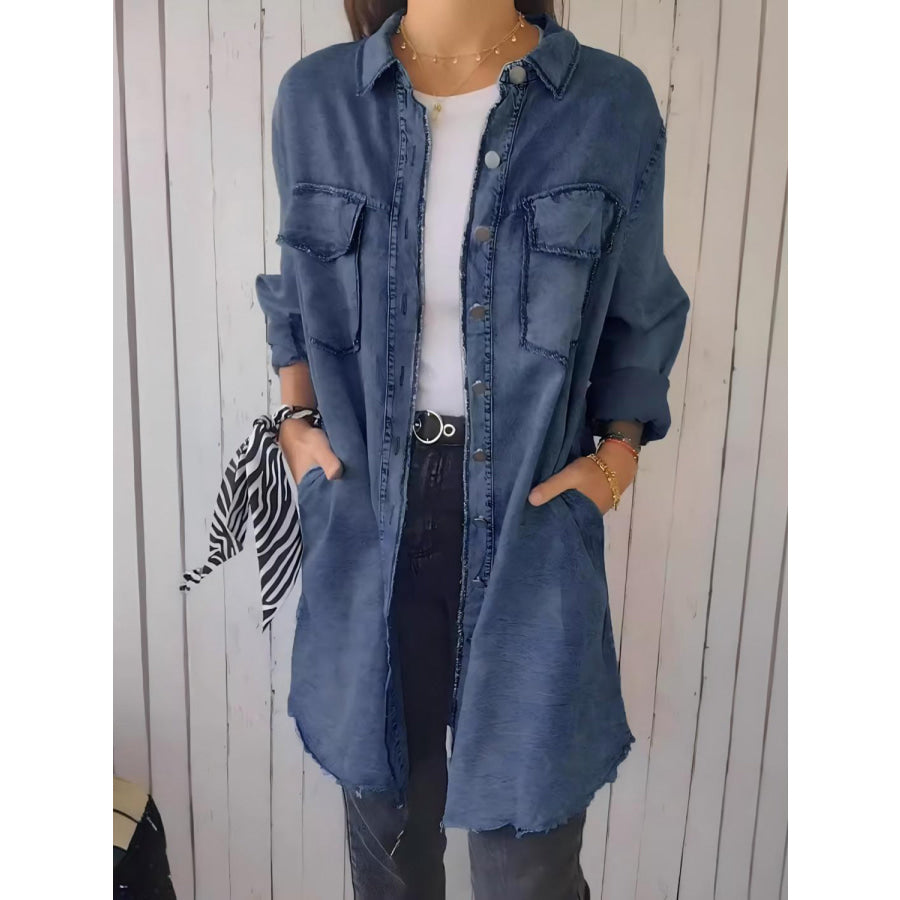 Full Size Raw Hem Button Up Long Sleeve Denim Top Plus Size Medium / S Apparel and Accessories