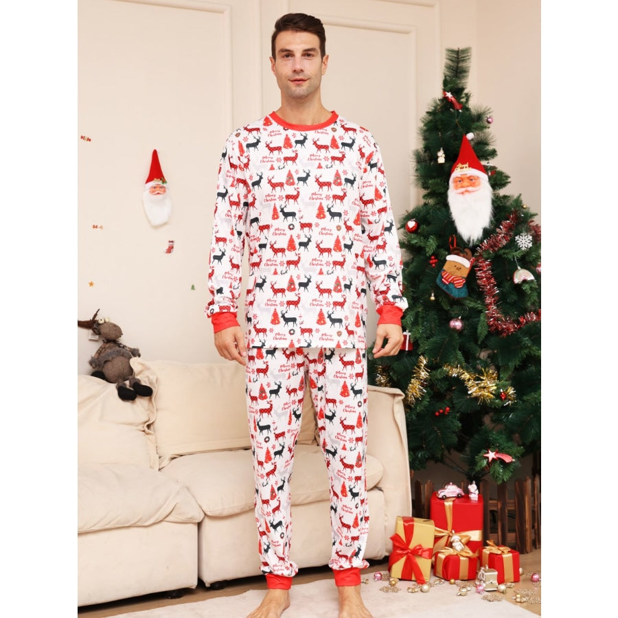 Full Size Reindeer Print Top and Pants Set Red / S