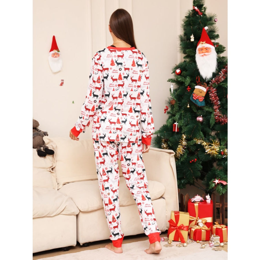 Full Size Reindeer Print Top and Pants Set Red / S
