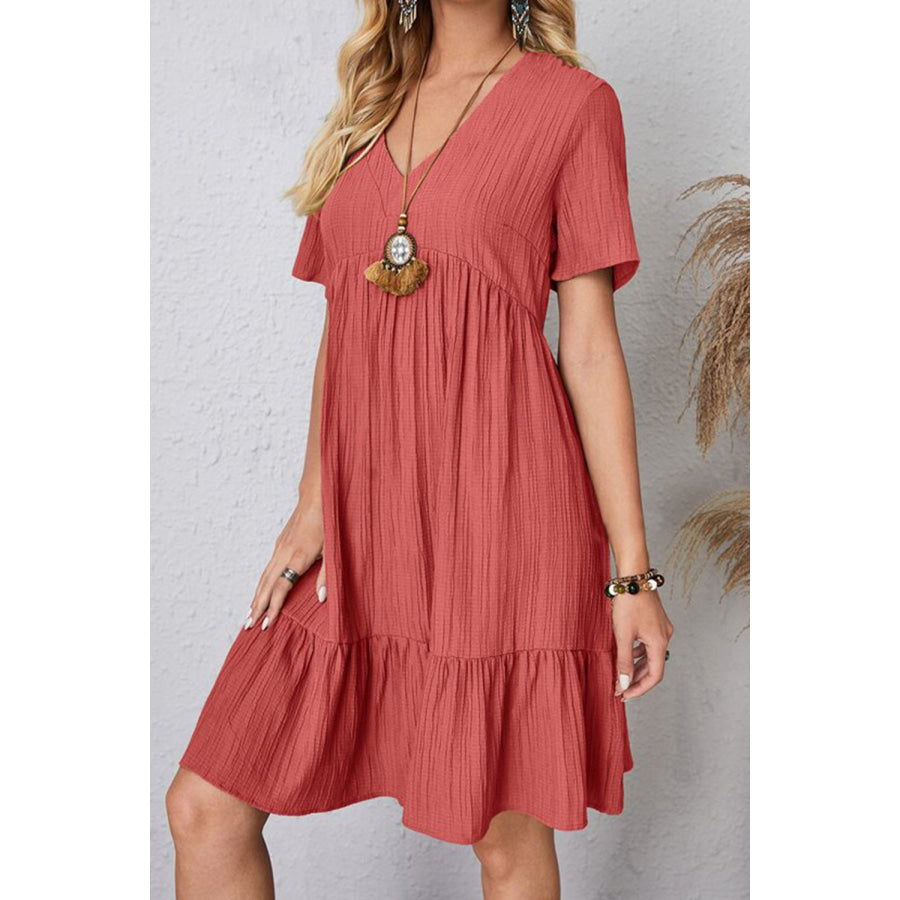 Full Size Ruched V - Neck Short Sleeve Dress Coral / S Apparel and Accessories