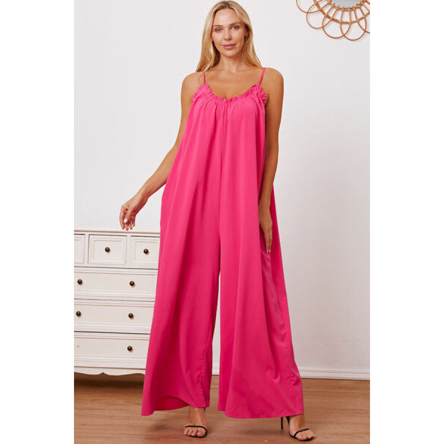 Full Size Ruffle Trim Tie Back Cami Jumpsuit with Pockets Apparel and Accessories