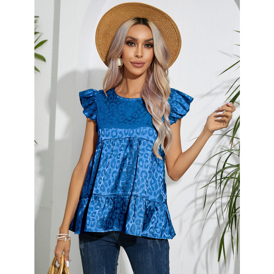 Full Size Ruffled Leopard Cap Sleeve Top Apparel and Accessories