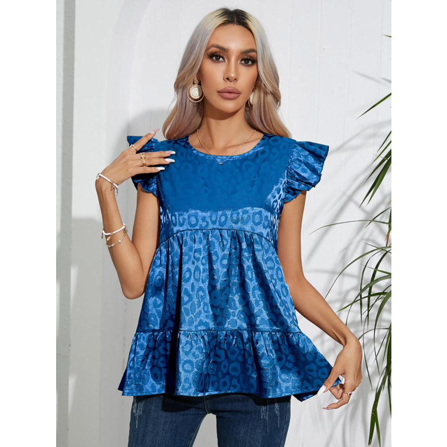 Full Size Ruffled Leopard Cap Sleeve Top Royal Blue / S Apparel and Accessories