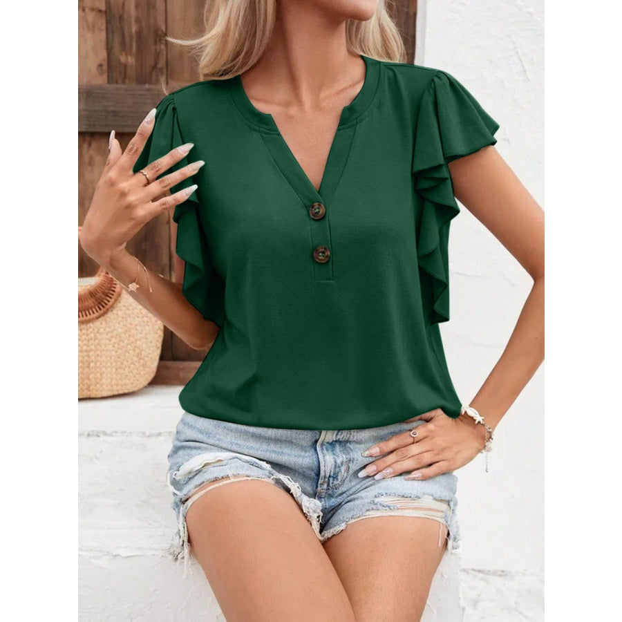 Full Size Ruffled Notched Cap Sleeve T - Shirt Apparel and Accessories