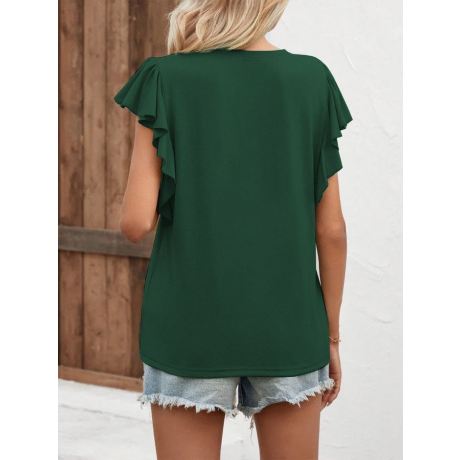 Full Size Ruffled Notched Cap Sleeve T - Shirt Apparel and Accessories
