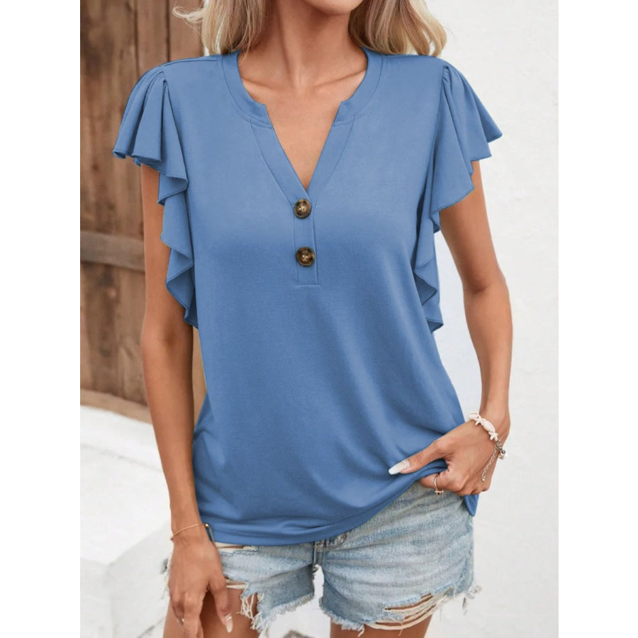 Full Size Ruffled Notched Cap Sleeve T - Shirt Blue / S Apparel and Accessories