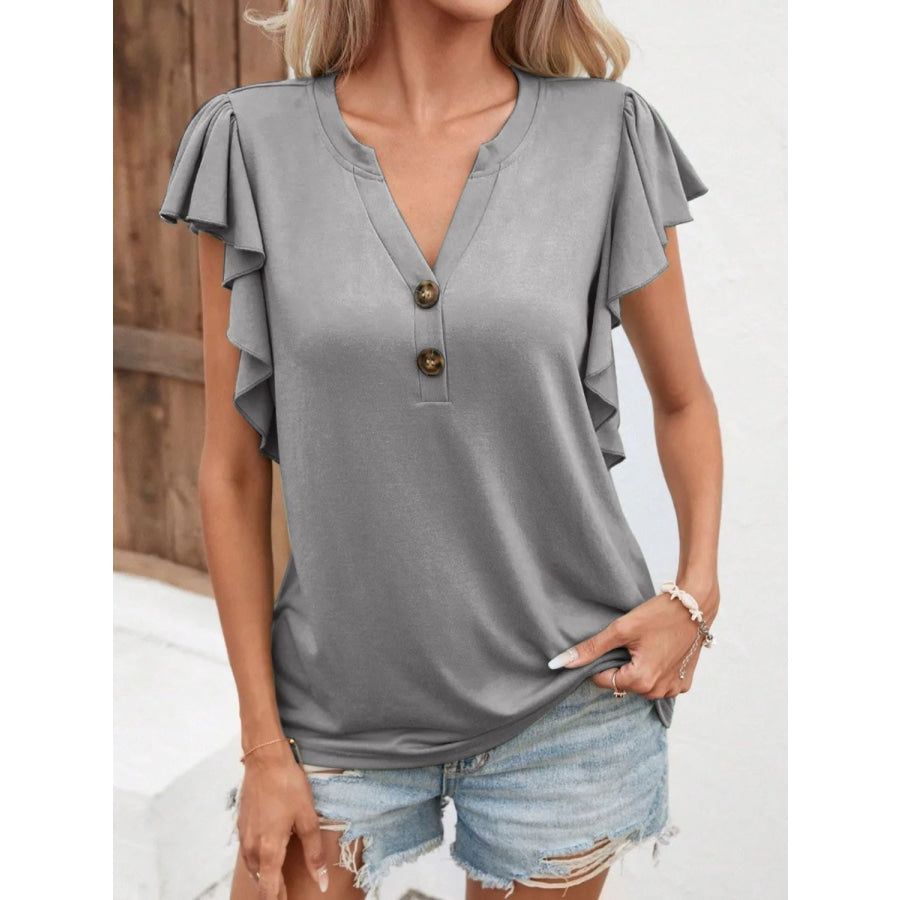 Full Size Ruffled Notched Cap Sleeve T - Shirt Gray / S Apparel and Accessories