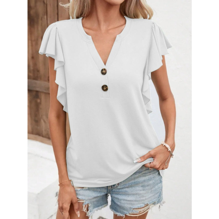 Full Size Ruffled Notched Cap Sleeve T - Shirt White / S Apparel and Accessories