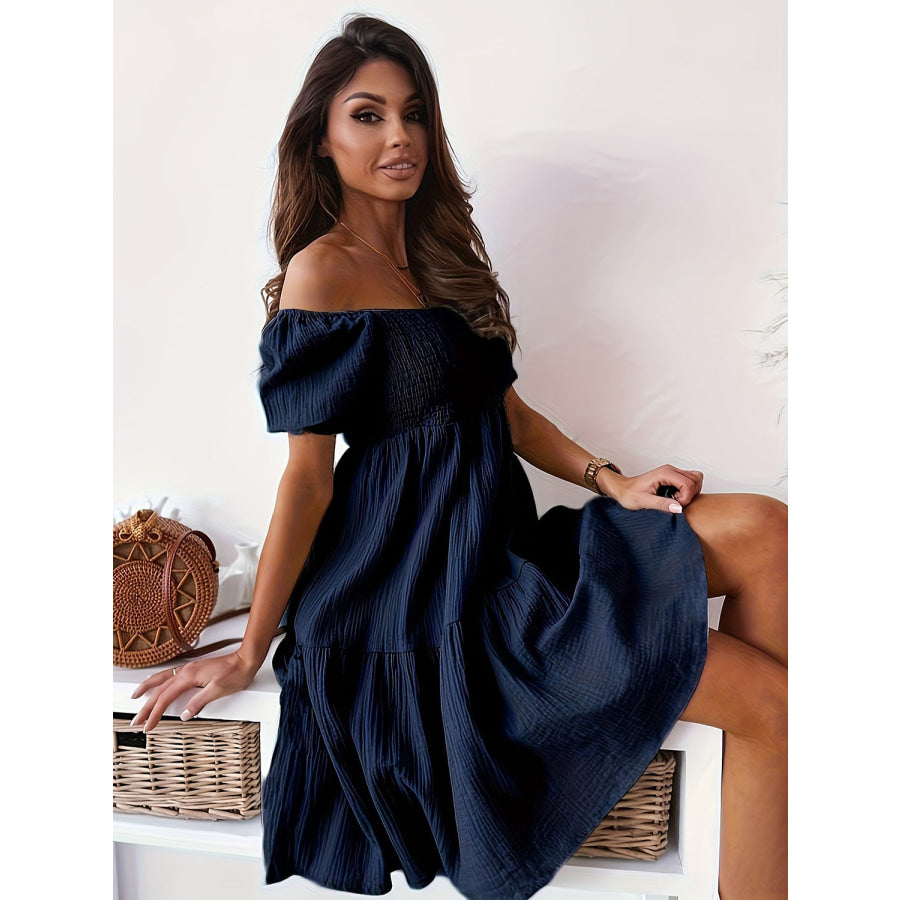 Full Size Ruffled Off-Shoulder Short Sleeve Dress Apparel and Accessories
