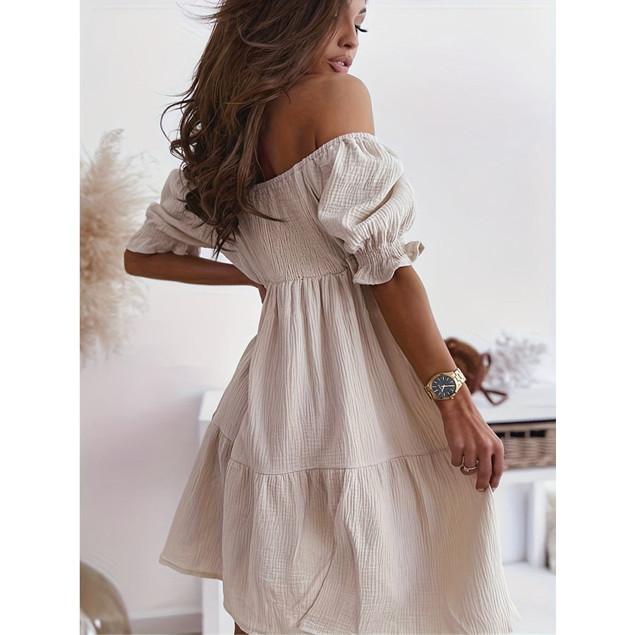 Full Size Ruffled Off-Shoulder Short Sleeve Dress Apparel and Accessories