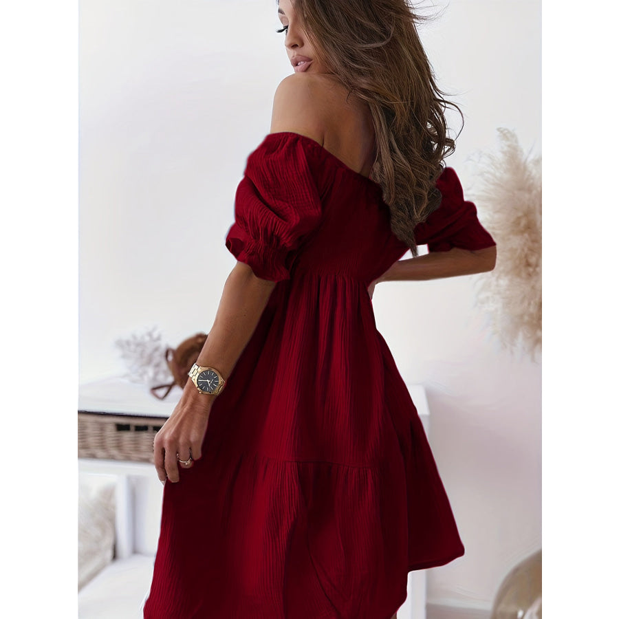 Full Size Ruffled Off-Shoulder Short Sleeve Dress Apparel and Accessories