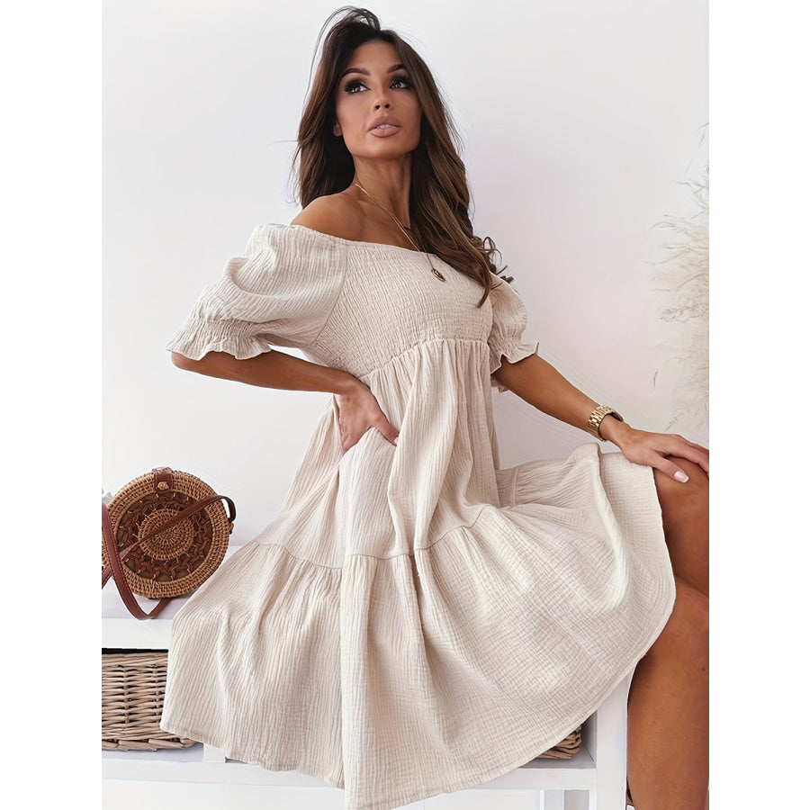 Full Size Ruffled Off-Shoulder Short Sleeve Dress Apparel and Accessories