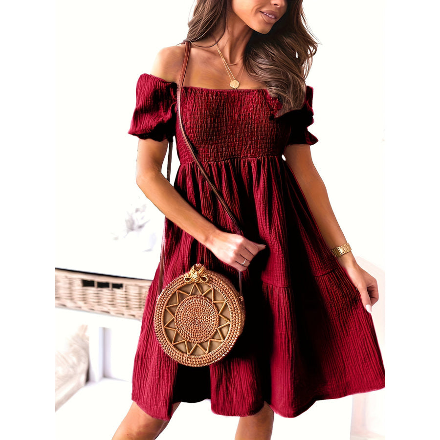 Full Size Ruffled Off-Shoulder Short Sleeve Dress Apparel and Accessories