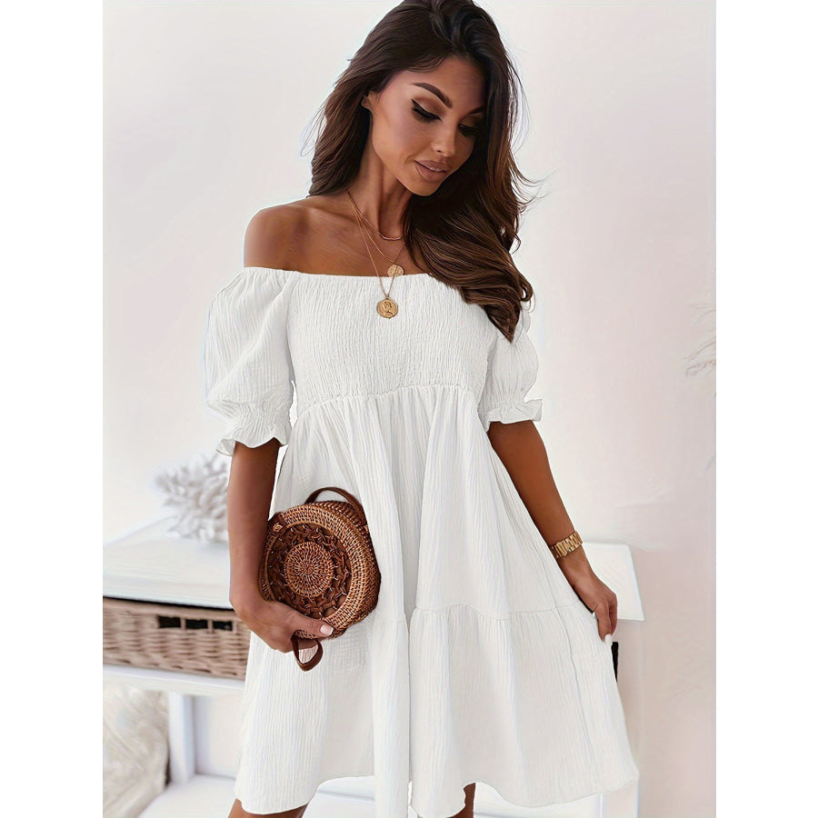 Full Size Ruffled Off-Shoulder Short Sleeve Dress Apparel and Accessories