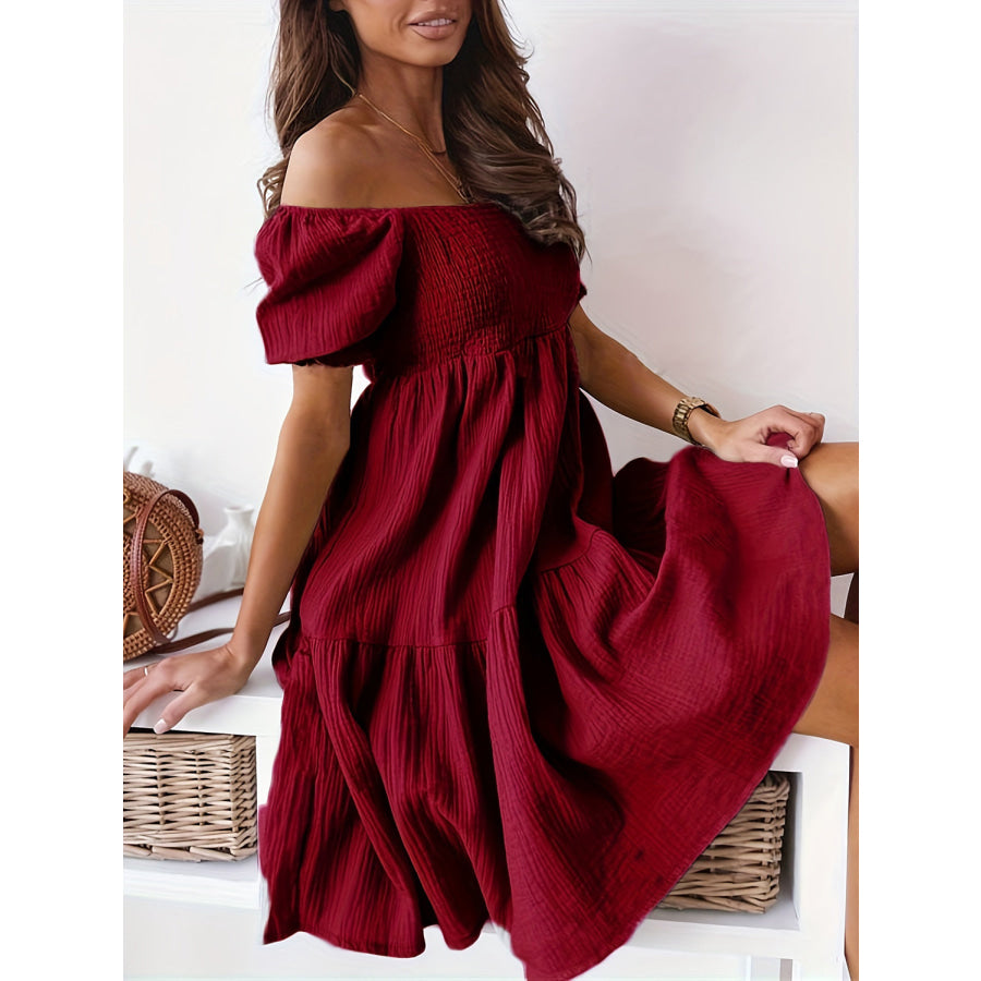 Full Size Ruffled Off-Shoulder Short Sleeve Dress Apparel and Accessories