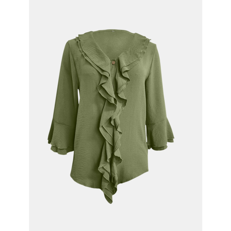 Full Size Ruffled V-Neck Flounce Sleeve Blouse Apparel and Accessories