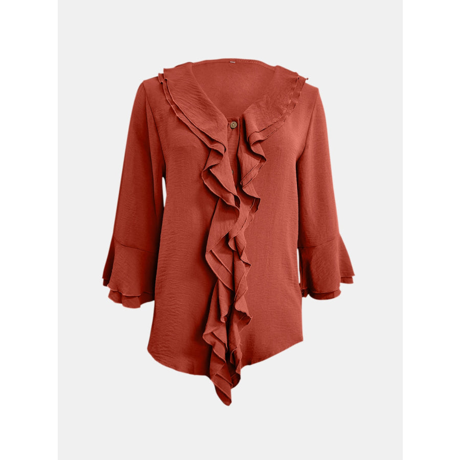 Full Size Ruffled V-Neck Flounce Sleeve Blouse Orange-Red / S Apparel and Accessories