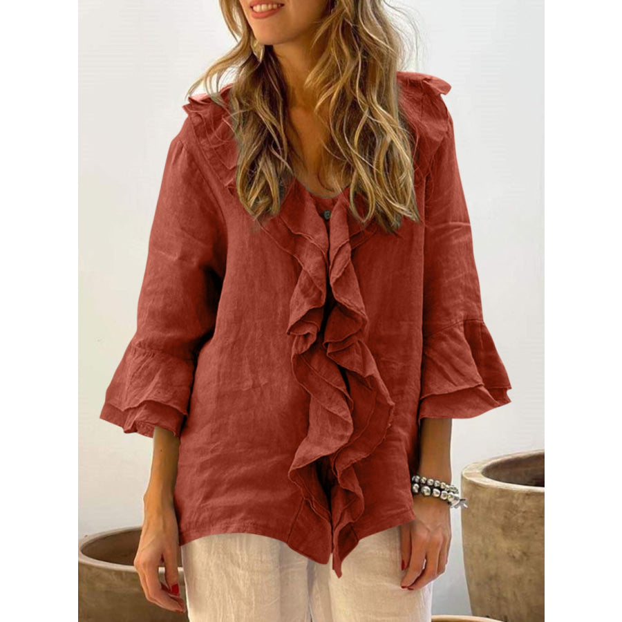Full Size Ruffled V-Neck Flounce Sleeve Blouse Orange-Red / S Apparel and Accessories