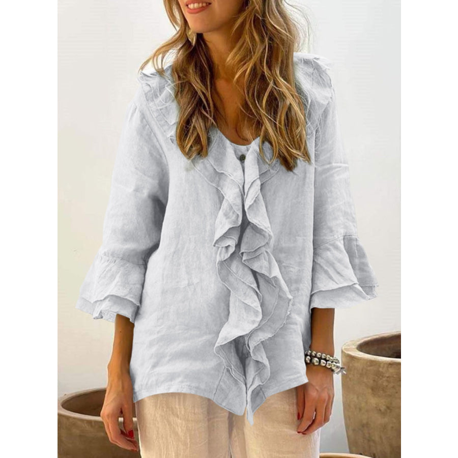Full Size Ruffled V-Neck Flounce Sleeve Blouse White / S Apparel and Accessories