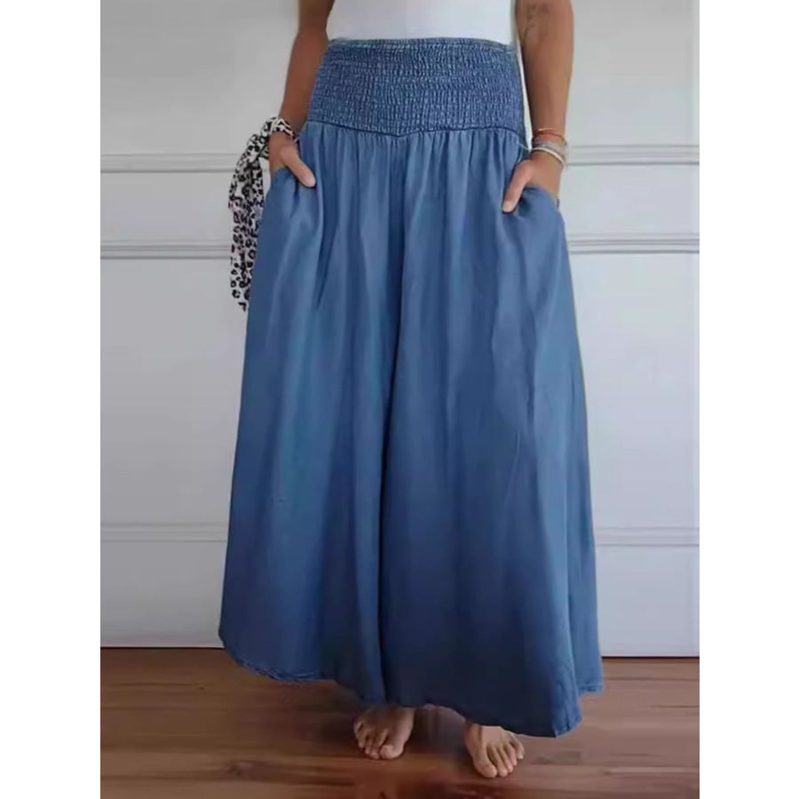 Full Size Smocked Wide Leg Pants with Pockets Dusty Blue / S Apparel and Accessories