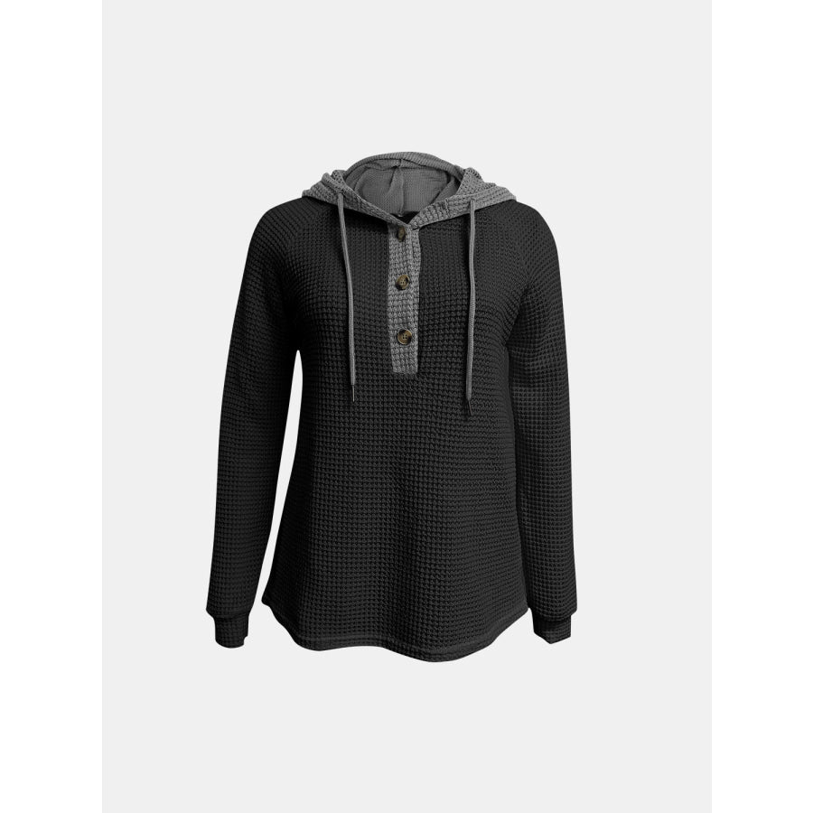 Full Size Waffle-Knit Contrast Long Sleeve Hoodie Apparel and Accessories