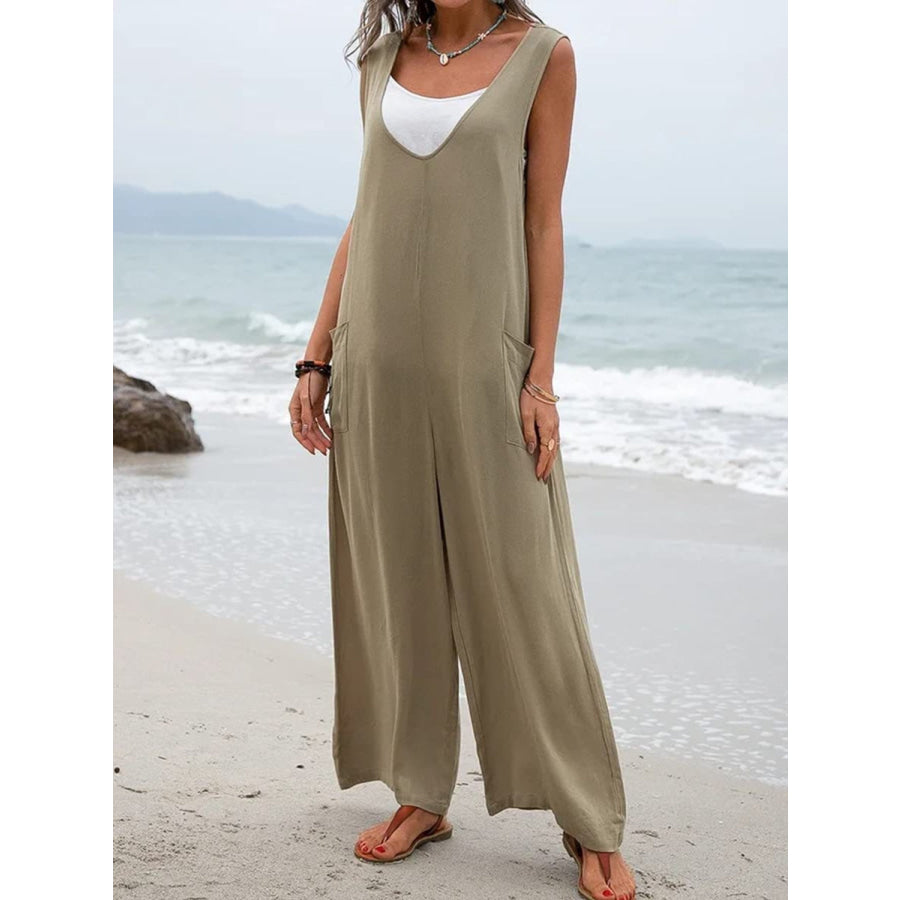 Full Size Wide Strap Jumpsuit with Pockets Khaki / S Apparel and Accessories