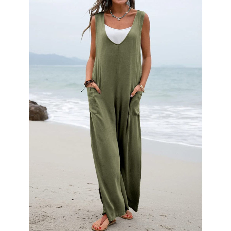 Full Size Wide Strap Jumpsuit with Pockets Moss / S Apparel and Accessories