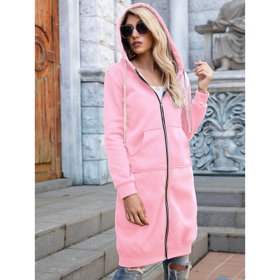 Full Size Zip-Up Longline Hoodie with Pockets
