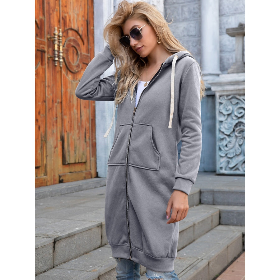 Full Size Zip-Up Longline Hoodie with Pockets Light Gray / S