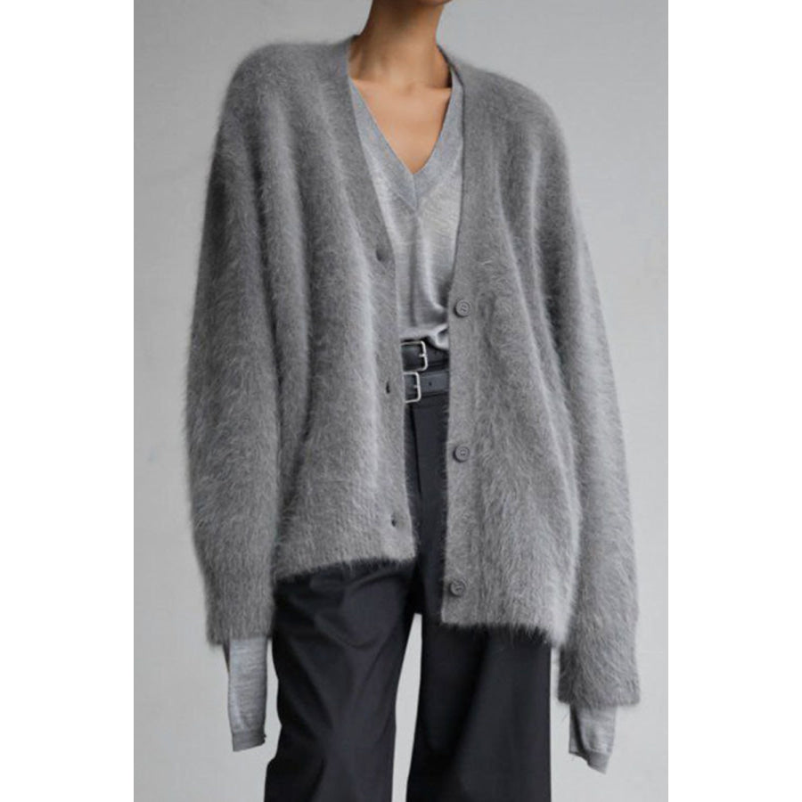 Fuzzy Button Down Long Sleeve Cardigan Apparel and Accessories