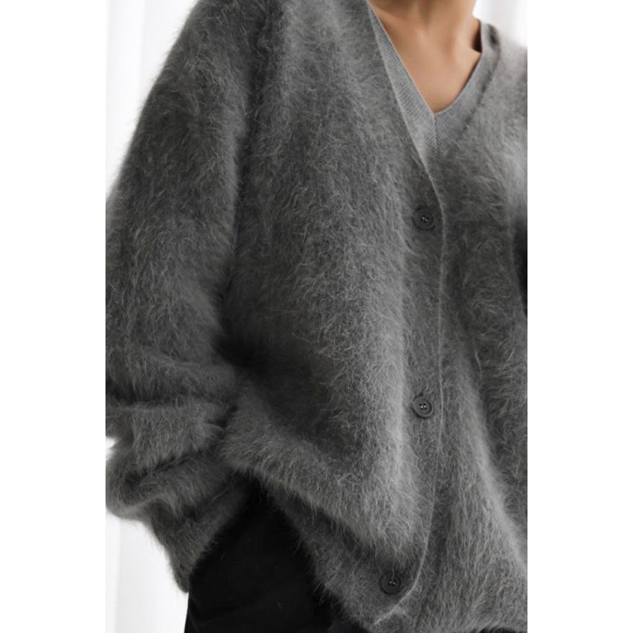 Fuzzy Button Down Long Sleeve Cardigan Apparel and Accessories